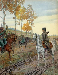 El Emperador Napoleón I Bonaparte (1769-1821) arengó al segundo regimiento de cazadores a caballo en 1806 durante la campaña de Prusia (Alemania) antes de la Batalla de Jena el 14 de octubre de 1806. En “Napoleón” de Georges Montorgueil. Ilustración de Jac