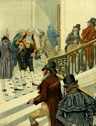 Primer imperio de Napoleón I Bonaparte (1769-1821): encuentro en la escalera de las Tullerías entre emigrados que regresan y los antiguos revolucionarios. Ilustración de Jacques Marie Gaston Onfray de Breville dit JOB (1858-1931). Colección privada