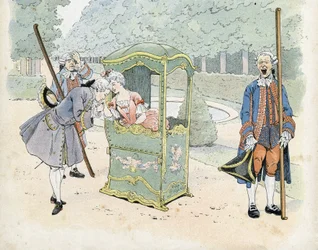 Galanteo francés en el siglo XVIII: un joven besa la mano de una mujer en una silla de ruedas. en “Francia, su historia contada por G. Montorgueil, ilustrada por Job” 1896. Colección privada.