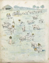 Niños galos jugando con cerdos en un campo. en "Francia, su historia contada por G. Montorgueil, ilustrada por Job" 1896. Colección privada.