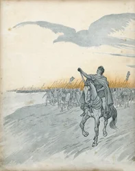 Guerra de las Galias: Cayo Julio César (entonces Julio César) (100-44 a.C.) y su ejército invaden la Galia. La sombra de un águila, símbolo del Imperio Romano, aparece en el cielo. en “Francia, su historia contada por G. Montorgueil, ilustrada por Job” 189
