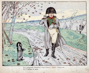 Los granaderos (Vieja Guardia de Napoleón Bonaparte) adiestraban a sus perros para saludar al emperador - litografía de Job (Jacques Onfroy de Bréville) de «Le Grand Napoléon des Petites Enfants», 1893