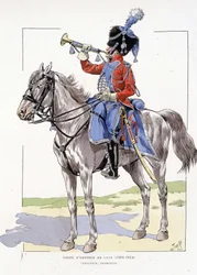 Guardia de Honor de Lyon de 1804 a 1814, Trompeta a caballo - en “Hue des troupes de France”, ill. de Job