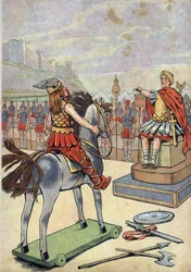 Historia de Francia. Escena de la Galia romana con juguetes: el líder galo Vercingétorix (72-46 a.C.) yendo al jefe romano Julio César (100-44 a.C.) después de la batalla de Alesia en 52 a.C. en 