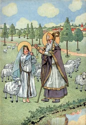 Historia de Francia. Escena de la vida de santa Genoveva con juguetes: el obispo san Germán de Auxerre (V.378-448) coloca alrededor del cuello de santa Genoveva (v.423-512), pastora que cuidaba sus ovejas en Nanterre, la medalla caída del cielo. En «Let