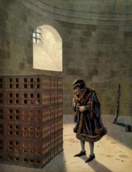 Historia de Francia en la Edad Media: El Cardenal Jean Balue (1422-1491) prisionero en una de las famosas jaulas del Rey de Francia Luis XI llamado el Prudente (1423-1483). Ilustración de Jacques Marie Gaston Onfray de Breville dit JOB (1858-1931)