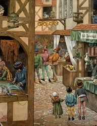 Historia de Francia en la Edad Media: Rue de París después de que el Rey Luis XI, conocido como el Prudente (1423-1483), firmara el tratado de Péronne con Carlos el Temerario. Los parisinos habían comprado loros a los que habían enseñado a decir Péronne pa