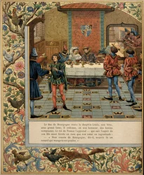 Historia de Francia en la Edad Media: el duque de Borgoña Felipe el Bueno (1396-1467) tiene una mesa con su invitación el delfín Luis (luego rey de Francia Luis XI conocido como el Prudente