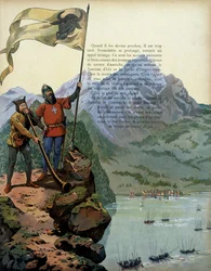Historia de Francia en la Edad Media: las tropas de Carlos el Temerario (1433-1477), Duque de Borgoña, entran en el país de Vaud en Suiza. Ilustración de Jacques Marie Gaston Onfray de Breville dit JOB (1858-1931)
