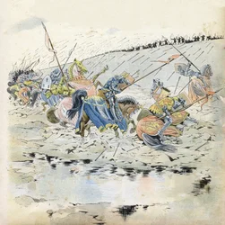 Guerra de los Cien Años: “La Batalla de Azincourt el 25/10/1415”. Tropas francesas derrotadas por el ejército del Rey Enrique V (1387-1422). en “Francia, su historia contada por G. Montorgueil, ilustrada por Job” 1896. Colección privada.