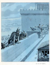 Ilustración del libro “A la gloire des betes” texto de A Fabre, dibujos de Jacques Marie Gaston Onfray de Breville dit JOB (1858-1931), editor Maison Alfred Mame et fils: Les goies du Capitole (890 a.C.), los galos sitian Roma, Colección Parcial