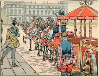 Ilustración del libro “Le bon roy Henri”, ilustrado por Jacques Marie Gaston Onfray de Breville dit JOB: El 14 de mayo de 1610, Enrique IV se prepara para montar en su carroza descubierta - Colección privada