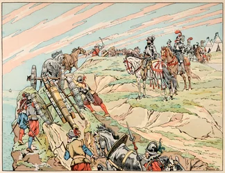 Ilustración del libro “Le bon roy Henri”, ilustrado por Jacques Marie Gaston Onfray de Breville dit JOB (1858-1931): Enrique IV en guerra estableció su campamento cerca de Dieppe con su artillería