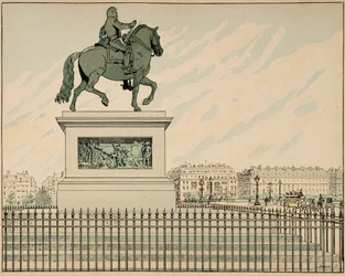 Ilustración del libro “Le bon roy Henri”, ilustrado por Jacques Marie Gaston Onfray de Breville dit JOB: Estatua erigida en memoria de Enrique IV