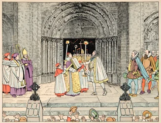 Ilustración del libro “Le bon roy Henri”, ilustrado por Jacques Marie Gaston Onfray de Breville dit JOB: Enrique IV, Basílica de Saint Denis abjura su religión y se convierte - Colección privada