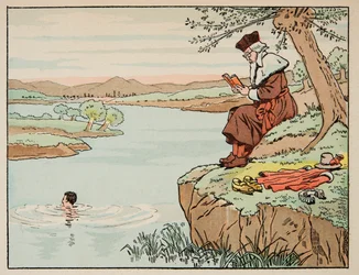 Ilustración del libro “Le bon roy Henri”, ilustrado por Jacques Marie Gaston Onfray de Breville dit JOB: Educación en el siglo XVI: natación