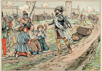 Ilustración del libro "Le bon roy Henri", ilustrado por Jacques Marie Gaston Onfray de Breville dit JOB (1858-1931): Enrique IV da dinero y libera a los campesinos que intentaron introducir comida en París - Colección privada