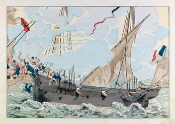 Ilustración del libro "Les épées de France": Robert Surcouf (1773-1827) con su barco "La Coquette" ataca el barco inglés "Queen Mary"