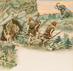 Durante la prehistoria, los hombres de las cavernas protegen a sus familias de un ataque de mamut
