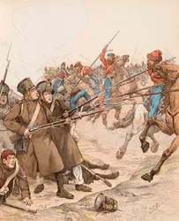 Militares franceses durante las campañas de Napoleón apodados Marie Louise en 1815 luchando contra los cosacos