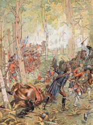 Jacques Marie Gaston Onfroy de Breville dit JOB (1858-1931) - George Washington en la Batalla de Monongahela contra los franceses el 9 de julio