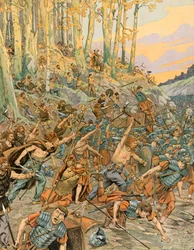 Historia de Bélgica: Batalla de Aduatuca, en el Valle del Geer en 54 a.C., los Eburones (belgas) masacraron a las legiones romanas de César durante la Guerra de las Galias