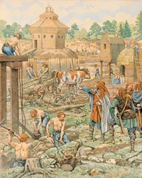 Jacques Marie Gaston Onfroy de Breville, conocido como JOB (1858-1931) - Historia de Bélgica: Clodion el Cabelludo (alrededor de 390-alrededor de 450), Rey de los Francos, estableció su capital en Tournai. Colección privada