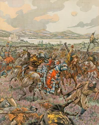 Jacques Marie Gaston Onfroy de Breville, conocido como JOB (1858-1931) - Historia de Bélgica: Juan I, Duque de Brabante, victorioso en la Batalla de Woeringen en 1288 durante la Guerra de Sucesión de Limburgo, y otorga autonomía a Brabante respecto a Alema