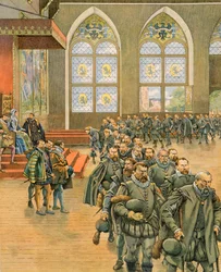 Jacques Marie Gaston Onfroy de Breville, conocido como JOB (1858-1931) - Historia de Bélgica: Los Gueux presentan sus respetuosas protestas a Margarita de Parma (1522-1586), gobernadora de los Países Bajos bajo Felipe II (1527-1598), en 1566. Colección pri