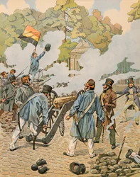 Jacques Marie Gaston Onfroy de Breville dit JOB - Historia de Bélgica: Jean Joseph Charlier, conocido como la pierna de madera, apunta su pieza de artillería contra las tropas holandesas en el parque de Bruselas en septiembre de 1830