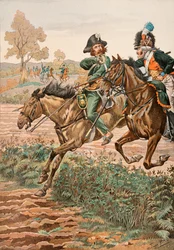 Jacques Marie Gaston Onfroy de Breville dit JOB (1858-1931) - Atuendo de las tropas francesas en todas las épocas: Caballero Vendeano y piquero (o Piconnier) en el caballo de la Legión Germánica (1793), Colección privada