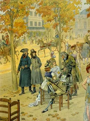 Jean Andoche Junot (1771-1813) y Napoleón I Bonaparte (1769-1821) caminando por el Boulevard de Coblenz en París frente al Increíble. Ilustración de Jacques Marie Gaston Onfray de Breville dit JOB (1858-1931)