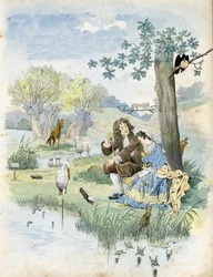 Jean de La Fontaine (1621-1695) hablando con una joven. A su alrededor, animales presentes en las fábulas del poeta: lobo, cordero, cigüeña, tortuga, rata, rana, liebre, zorro, cuervo... en “Francia, su historia contada por G. Montorgueil, ilustrada por Jo