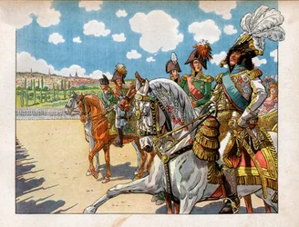 Joachim Murat (1767-1815) acompañó a Napoleón I Bonaparte (1869-1921) y Alejandro I, Emperador de Rusia (1777-1825) durante la revisión de las tropas durante el Tratado de Tilsit el 7 de julio de 1807. Grabado por Jacques Marie Gaston Onfray de Breville di