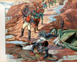Joachim Murat (1767-1815), rey depuesto de Nápoles, capturado en Pizzo en Calabria por la multitud hostil en 1815. Grabado por Jacques Marie Gaston Onfray de Breville dit Job (1858-1931)