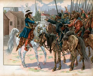 Joachim Murat en Moscú ofrece un reloj a los rusos. Grabado de Jacques Marie Gaston Onfray de Breville dit Job