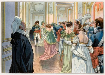 Joachim Murat (1767-1815) entonces gobernador de París y su esposa Caroline Bonaparte (1782-1839) recibieron a los invitados en una fiesta en su hotel en la plaza Vendôme, París. Los invitados son anunciados por un sirviente y luego reverencian frente a su