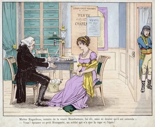 Josefina y el notario - Maitre Raguideau, notario de la viuda Beauharnais, le dijo: ¡Sí! cásate con este pequeño Bonaparte - Maestro Raguideau y Josefina - (¡Sí! Cásate con este pequeño Bonaparte) - litografía de Job (Jacques Onfroy de Breville) de “Le Gra