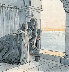 El rey Carlomagno (Carlos I llamado Carlos el Grande, 742-814) observa la llegada de los drakkars vikingos en el Sena en el siglo IX. en “Francia, su historia contada por G. Montorgueil, ilustrada por Job” 1896. Colección privada.