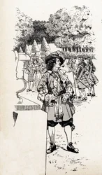Rey Luis XIV de Francia llamado Rey Sol (1638-1715) con sus cortesanos en los jardines de Versalles. Ilustración de Job (Jacques Marie Gaston Onfray y Breville) (Jacques-Marie) (1858-1931) para el libro “Les grands mots historiques du pays de France”