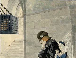 El rey Luis XI (1423-1483) visita al prisionero Jean Balue (1421-1491), encerrado en 1469 en una jaula de hierro por conspirar contra el rey. en "Francia, su historia contada por G. Montorgueil, ilustrada por Job" 1896. Colección privada.