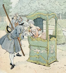 Dama de la nobleza en el siglo XVIII, en una silla con porteros recibiendo el besamanos