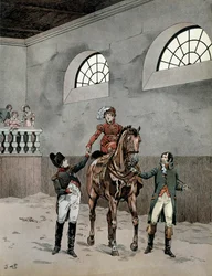 Napoleón I Bonaparte (1729-1821) asistió a las lecciones de equitación de la emperatriz María Luisa de Austria (1791-1847). Ilustración de Jacques Marie Gaston Onfray de Breville dit JOB (1858-1931) en 