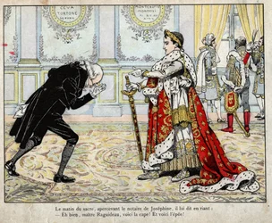 Napoleón y el notario Raguideau, mañana de la coronación, 1804 - litografía de Job (Jacques Onfroy de Bréville) de «Le Grand Napoléon des Petits Enfants», 1893