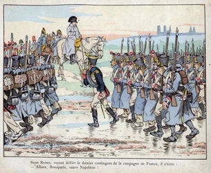 Napoleón observa el último contingente del ejército en el campo francés cerca de Reims, 16 de marzo