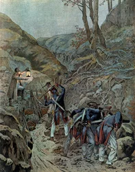 Campaña de Prusia (1806): Las tropas trabajaban para ensanchar un paso para los cañones al pie del Monte Iena en la víspera de la batalla (que se libró el 14 de octubre