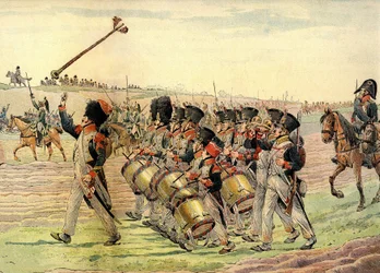 Regimiento del Ejército Napoleónico marchando a la batalla al son de la música, c.1900 (impresión)