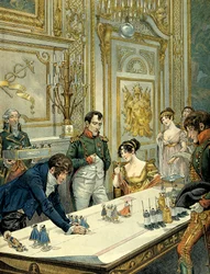 Ensayo del desfile durante la coronación por el pintor Isabey (1767-1855), en presencia de Josefina de Beauharnais (1763-1814) y Napoleón I Bonaparte (1769-1821), en el palacio de Fontainebleau. Ilustración de Jacques Marie Gaston Onfray de Bréville