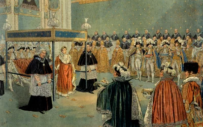 Representación de la coronación de Napoleón I (1769-1821) en la catedral de Notre Dame de París el 02/12/1804. Ilustración de Jacques Marie Gaston Onfray de Bréville, llamado Job (1858-1931). Colección privada