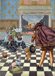 Escena de la historia de Francia en juguetes: Rey de Francia Enrique IV (1553-1610) jugando con sus hijos frente al embajador español. Ilustración de Job (Jacques-)